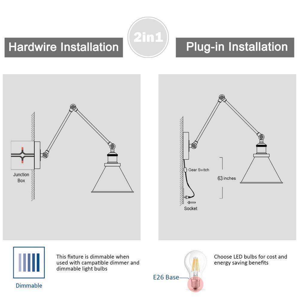 Buy Black Swing Arm, 1-Light Gray Bell Modern Swing Arm Plug-In Wall ...