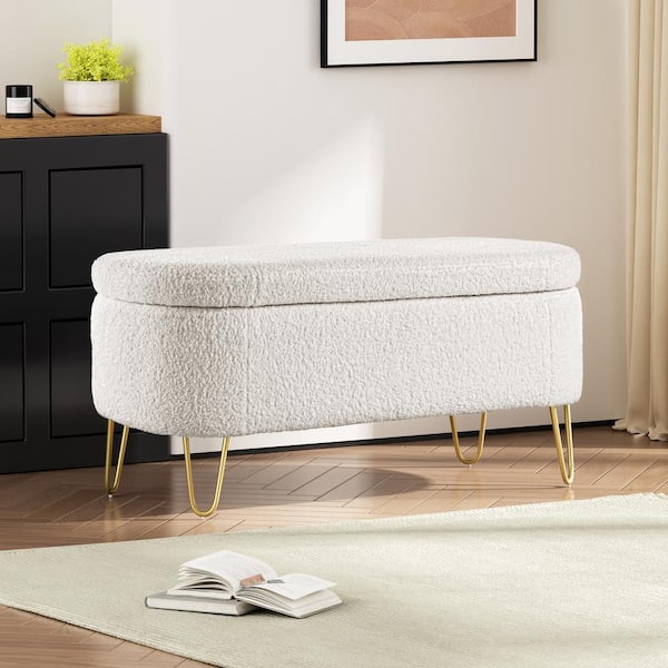 CHRISTOPHER KNIGHT HOME Irst Modern Upholstered Storage Ottoman, Gold Metal Legs, White + Gold