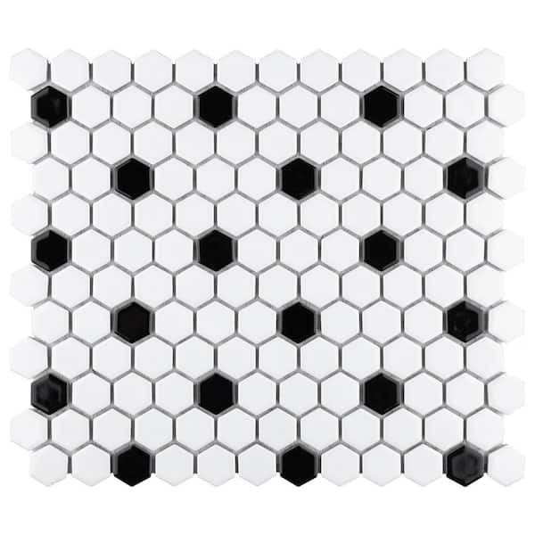 Merola Tile Metro 1 in. Hex Glossy White with Black Dot 10-1/4 in. x 11-7/8 in. Porcelain Mosaic Tile (8.6 sq. ft./Case)