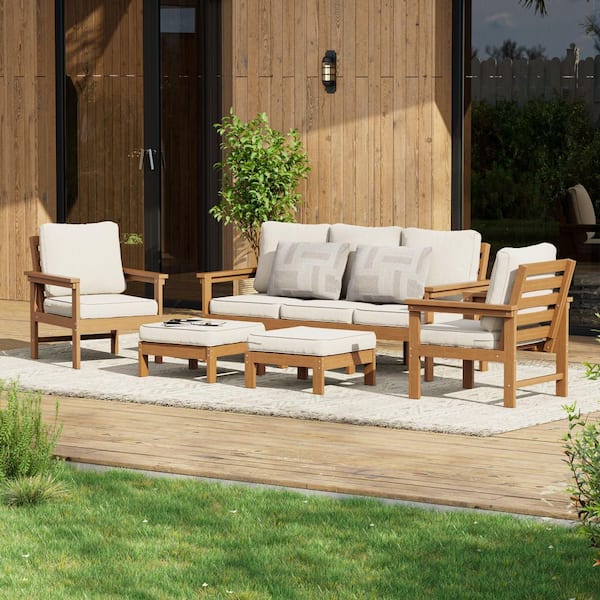 5-Piece All-Weather HIPS Patio Conversation Set with 3.9 in. Beige Cushions in Teak