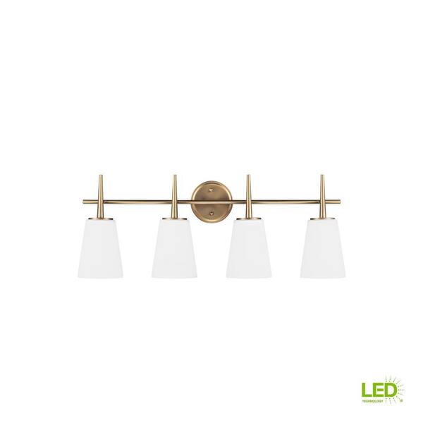 Generation Lighting - Driscoll 30 in. 4-Light Contemporary Modern Satin Brass Wall Bathroom Vanity Light with White Glass and LED Bulbs