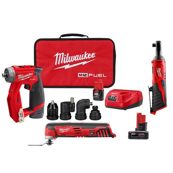 Milwaukee M12 FUEL 12V Li-Ion 4-in-1 Installation 3/8 in. Drill Driver Kit with Multi-Tool, 3/8 in. Ratchet and 6.0 Ah Battery