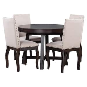 5-Piece Espresso Farmhouse Dining Table Set Wood Round Extendable Dining Table and 4 Upholstered Dining Chairs