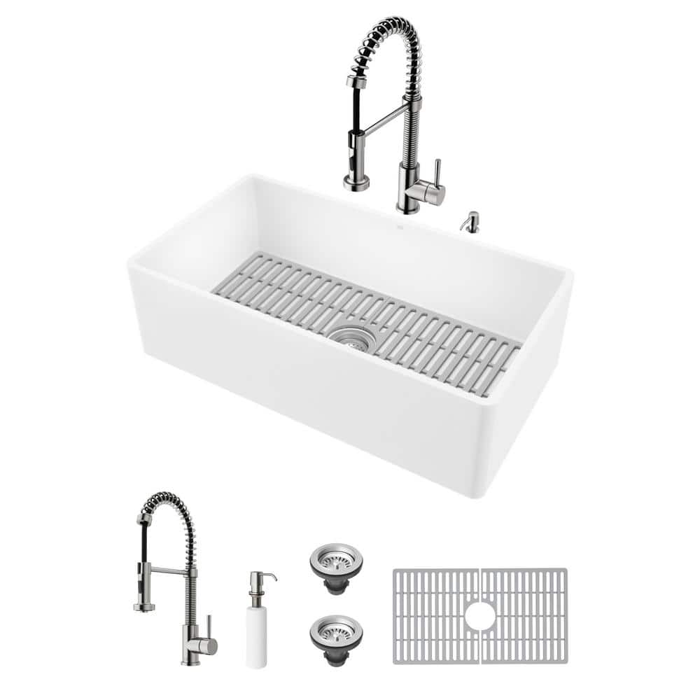 VIGO Matte Stone 33"" Single Bowl Farmhouse Apron Front Undermount Kitchen Sink with Faucet in Stainless Steel and Accessories, Matte White -  VG84042