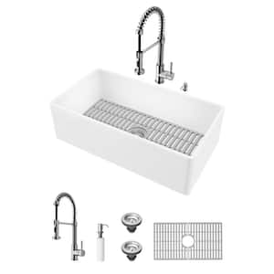 Matte Stone 33" Single Bowl Farmhouse Apron Front Undermount Kitchen Sink with Faucet in Stainless Steel and Accessories