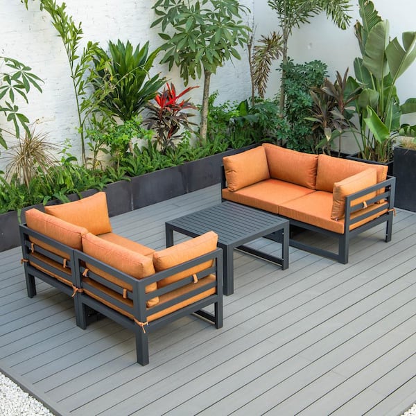 Leisuremod Chelsea Black 5-Piece Aluminum Patio Conversation Set with Orange Cushions