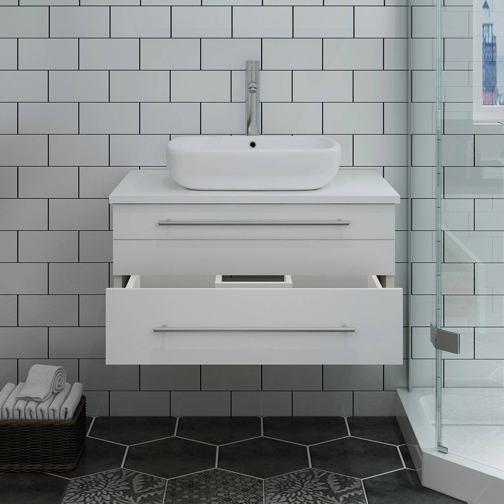 Lucera 30'' White Quartz Stone Wall-Mount Vanity