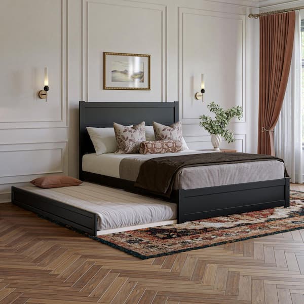 Aveline Black Wood Frame Queen Platform Bed with Matching Footboard and Twin XL Trundle