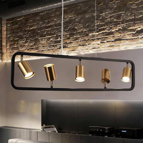 Modern 31.5 in. 5-Light Black Island Pendant Light with Adjustable Brass Metal Shades, Linear Chandelier for Dining Room