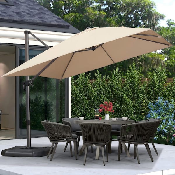 10 ft. Square Aluminum Windproof Outdoor Cantilever Offset 360° Rotation Patio Umbrella with Base, Beige