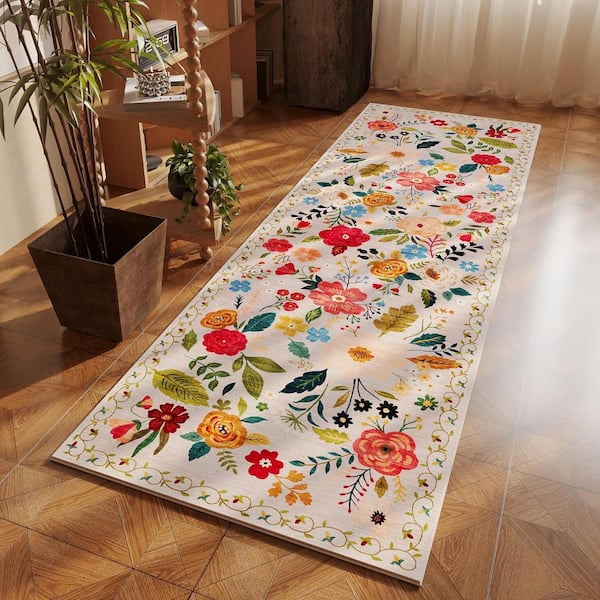 2'6'' X 8' Beige Washable Boho Floral Runner Rug for Hallways Kitchen Rug Non Slip Rubber