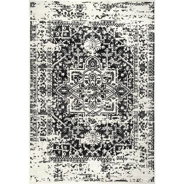 nuLOOM Jordana Black And White 4 ft. x 6 ft. Vintage Distressed Medallion Indoor Area Rug