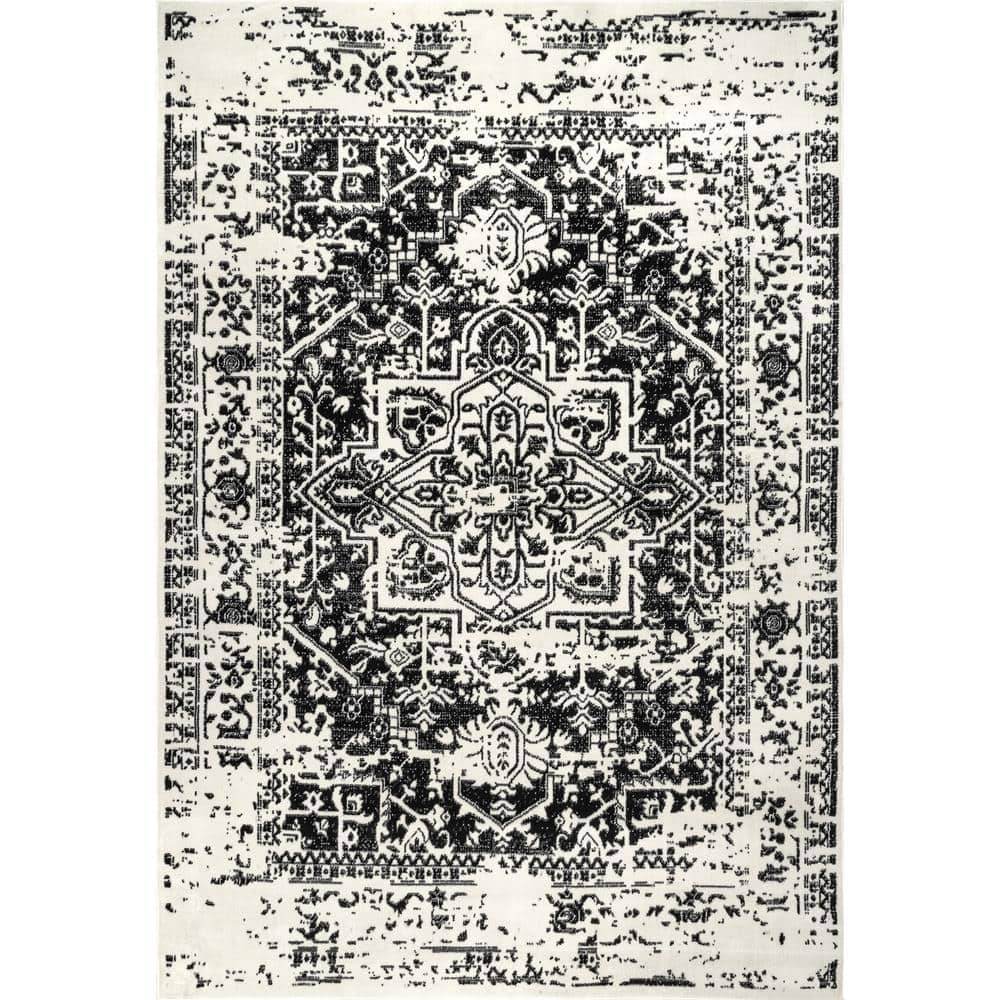 nuLOOM Jordana Vintage Distressed Medallion Black And White nuLOOM Jordana Vintage Distressed Medallion Black And White