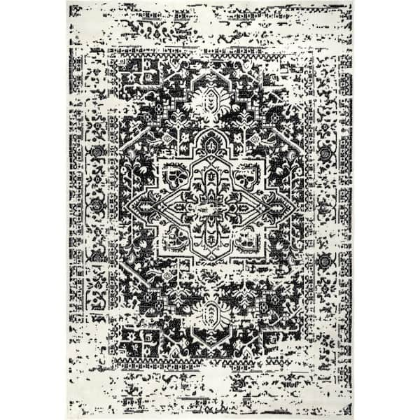 nuLOOM Jordana Vintage Distressed Medallion Black And White 8 ft. 10 in. x 12 ft. Indoor Area Rug