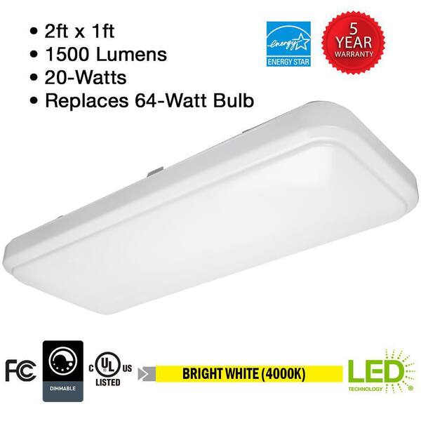 Electric 24 in. 10 in. Rectangular Fixture LED Mount 1500 Lumens 20-Watt Acrylic Lens Dimmable Kitchen Lighting 54648141 - The Home Depot