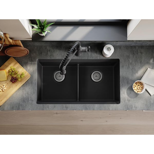 KOHLER Lassen 33 in. Drop-in/Undermount Double Bowl Granite Composite Kitchen Workstation Sink in Matte Black with Accessories