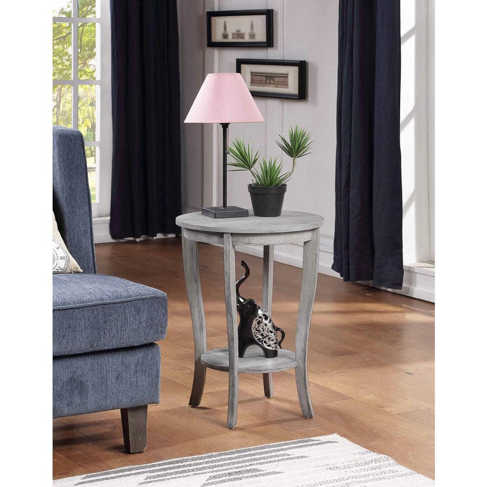 Light Gray Round Wood End Table with Shelf