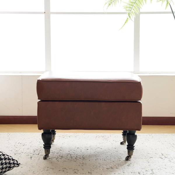 Zepans Modern Upholstered PU Leather Ottoman with Caster, Solid Wood Legs, Brown