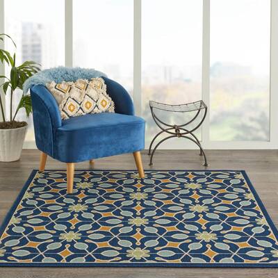 Caribbean Navy 5 ft. x 5 ft. Floral Contemporary Indoor/Outdoor Square Area Rug