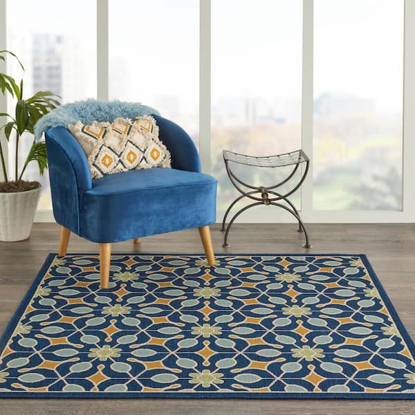 Caribbean Navy 5 ft. x 5 ft. Square Floral Contemporary Indoor/Outdoor Patio Area Rug