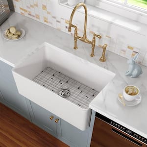 White Fireclay 30 in. Single Bowl Farmhouse Apron Kitchen Sink Workstation Kitchen Sink with Bottom Grid