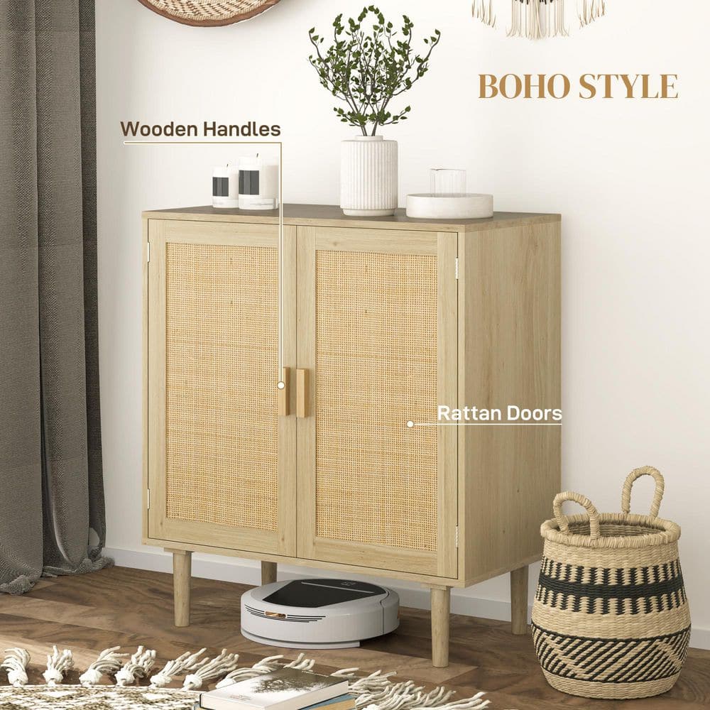 Natural Oak Bohemian Sideboard with Rattan Doors and Shelves