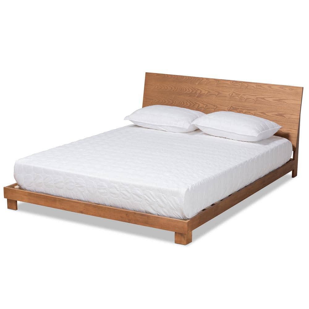 Haines Medium Walnut Wood Queen Platform Bed with Slats