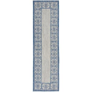 Garden Party Ivory Blue 2 ft. x 8 ft. Kitchen Runner Bordered Transitional Indoor/Outdoor Patio Area Rug