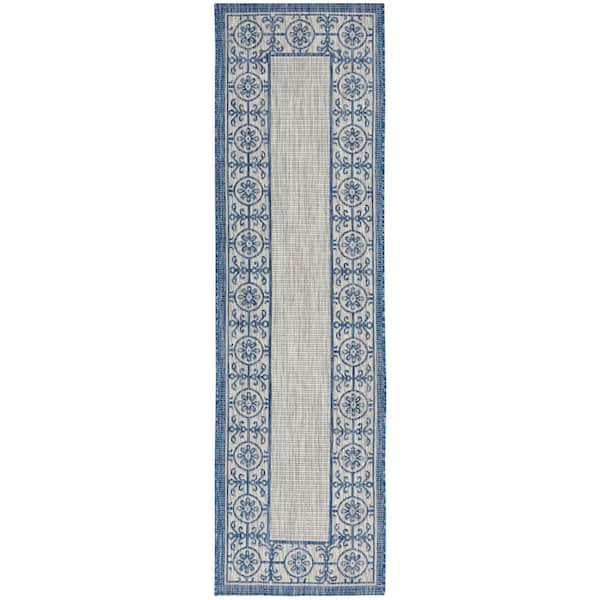 Nourison Garden Party Ivory Blue 2 ft. x 8 ft. Kitchen Runner Bordered Transitional Indoor/Outdoor Patio Area Rug