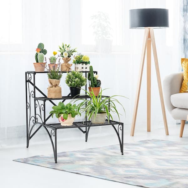 25 in. x 24 in. x 27 in. Stair Style Indoor/Outdoor Black Iron Plant Stand Garden Shelf Flower Pot Display Rack (3-Tier)
