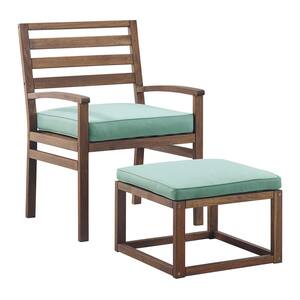 Acacia Wood Outdoor Patio Chair and Pull Out Ottoman - Dark Brown/Blue