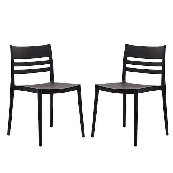 Bridgeport Black with Slatted Backrest Plastic Indoor-Outdoor Stacking Patio Chairs in Black Set of 2