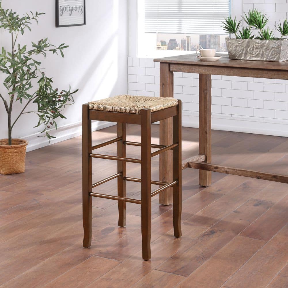 Elegant Cappuccino Hardwood 29" Square Rush Bar Stool