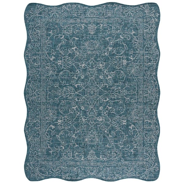 Courtyard 8 ft. x 10 ft. Specialty Navy/Ivory Border Floral Scroll Indoor/Outdoor Area Rug