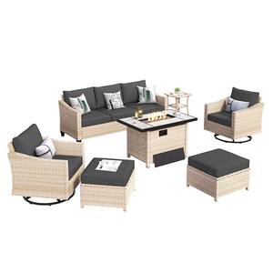 Athenie Biege 7-Piece Wicker Patio Rectangle Fire Pit Conversation Set with Black Cushions and Swivel Chairs