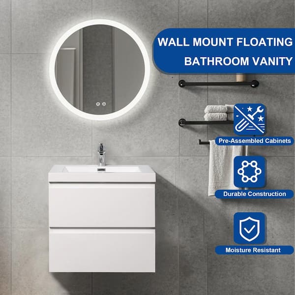 24 in. Wall-Mounted Floating Bath Vanity in Gloss White with Single Solid Surface Sink Top in White