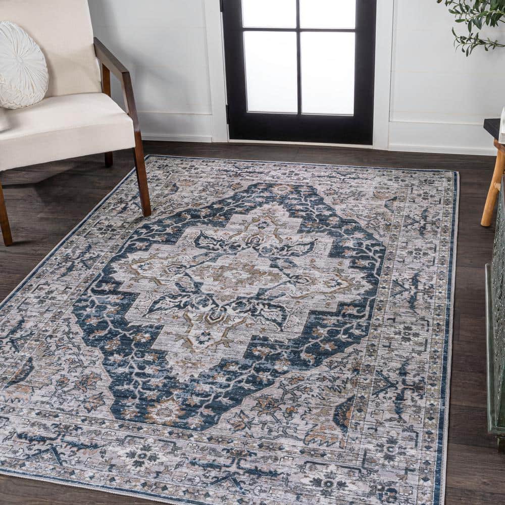 Didim Boho Navy and Light Gray 5x8 Washable Area Rug