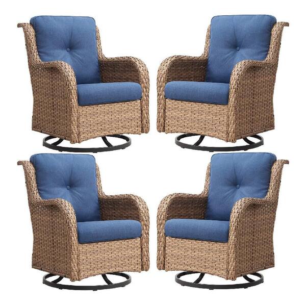 4-Piece Set Outdoor Swivel Yellow Wicker Outdoor Rocking Chair with CushionGuard Blue Cushions