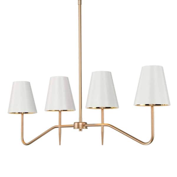 LOUGHEED DECOR INC Modern 4-Light Gold Linear Island Chandelier for Kitchen with White Cone Shades and No Bulb Included