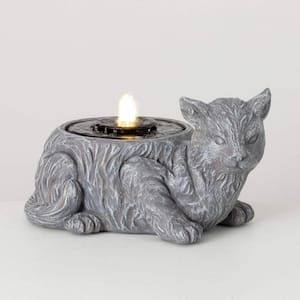 9.5 in. Gray Stone Cat Fountain, Resin