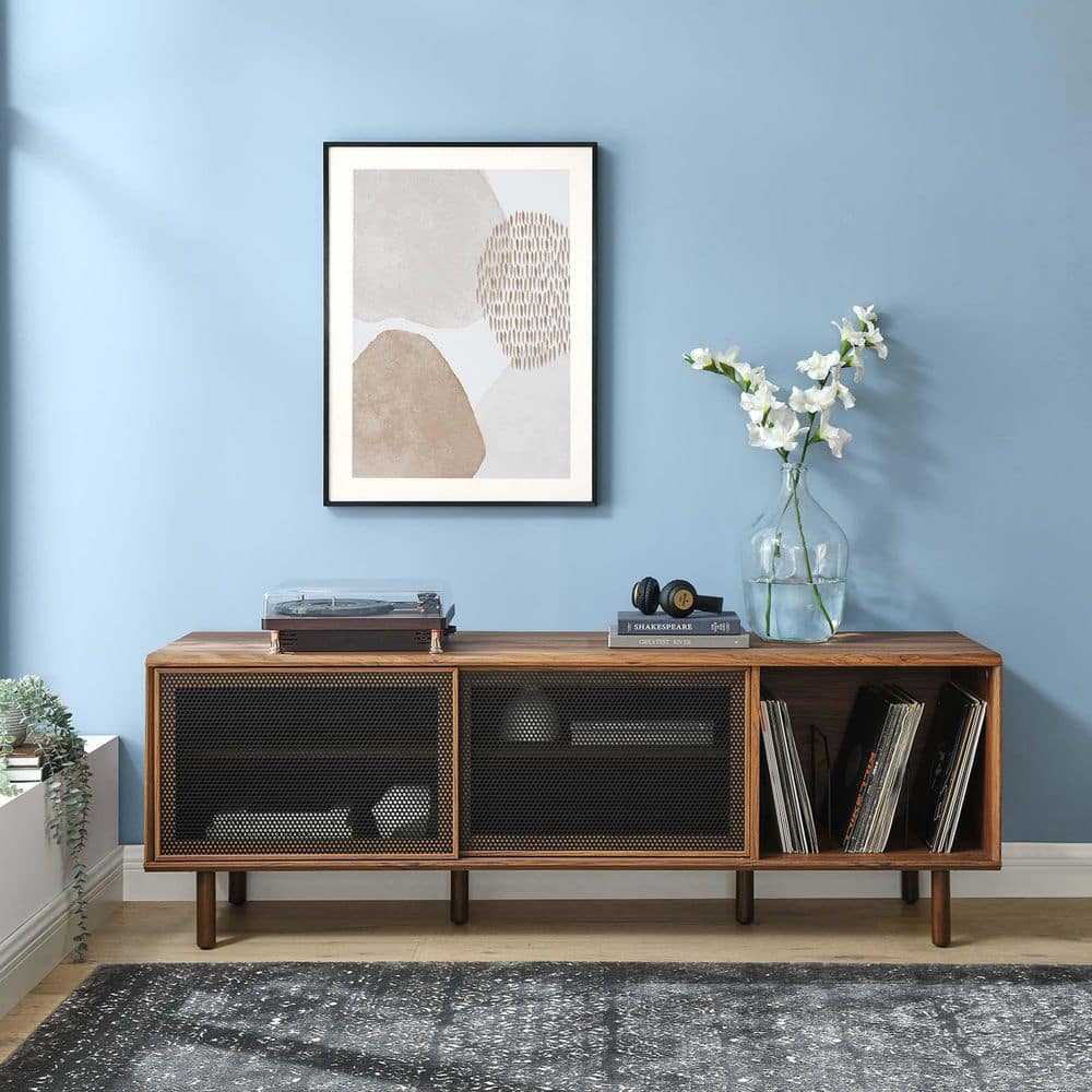 Walnut 67" TV and Vinyl Record Stand with Metal Mesh Doors