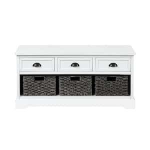 19.5 in. H x 42 in. W White Wood Shoe Storage Bench Entryway Bench with 3 Drawers and 3 Woven Baskets