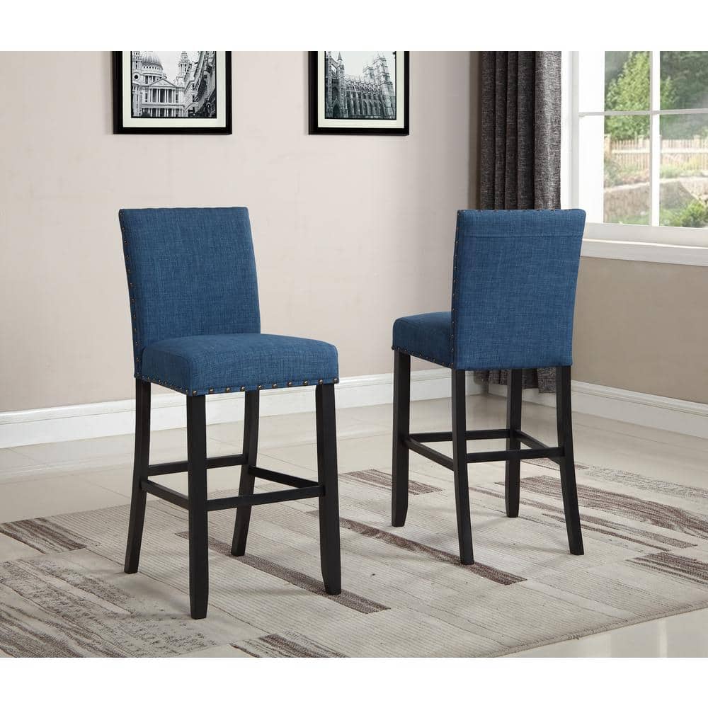 Crispin Marine Blue Solid Wood Bar Stools with Upholstered Seats (Set of 2)