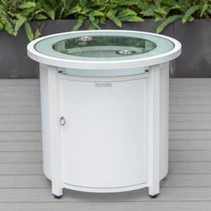 Walbrooke White Modern Round Tank Holder Table with Tempered Glass Top and Powder Coated Aluminum for Patio