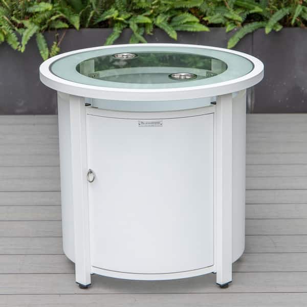 Leisuremod Walbrooke White Modern Round Tank Holder Table with Tempered Glass Top and Powder Coated Aluminum for Patio