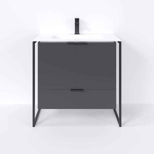 Onyx 34 in. Single Sink Floating Gray Bath Vanity with White Solid Surface Top (Assembled)