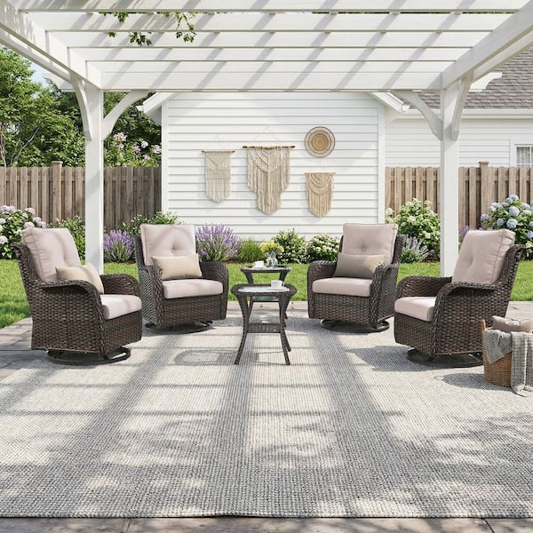 ArcLine 6-Piece Brown Wicker Patio Conversation Set with Olefin Beige Cushions and Swivel Glider Rocker Chairs