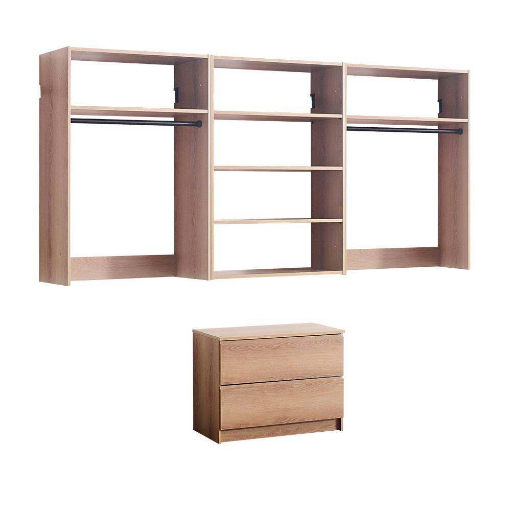 Devi Series 31.5-94. 5in. W Oak Modular Walk in Closet System Wall Mount Double Hanging Rods 6-Shelf Wood Closet System