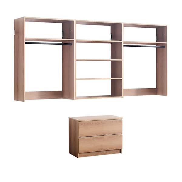 Devi Series 31.5-94. 5in. W Oak Modular Walk in Closet System Wall Mount Double Hanging Rods 6-Shelf Wood Closet System