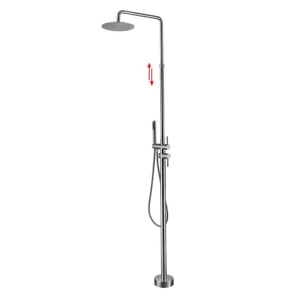 2-Handle Outdoor Freestanding Shower Faucet Kit 1.8 GPM Floor Mount Stainless Steel Shower Kit w/ Hand Shower in Silver